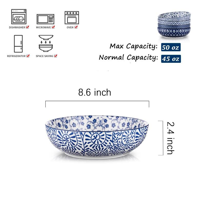 Ceramic 50 Ounce Pasta Bowls Set of 4, 8.6 Inch Large Salad Bowls,Wide and Shallow Porcelain Soup Bowls, Stackable Serving Bowls