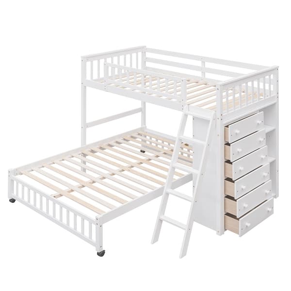 slide 2 of 37, Wooden Twin Over Full Bunk Bed with 6 Drawers & Flexible Shelves White - Full