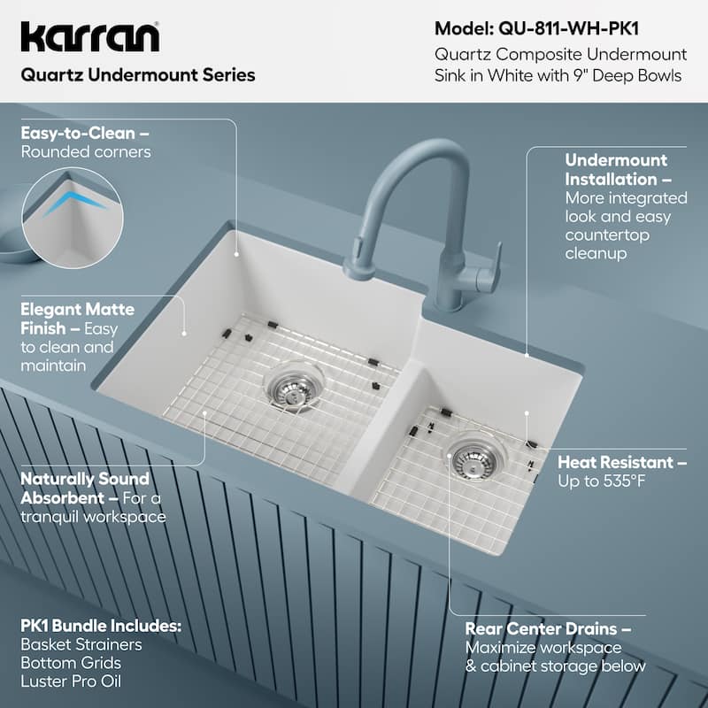 Karran 32" Undermount Large/Small Bowl Quartz Kitchen Sink Kit - 32" x 21.25" x 9"