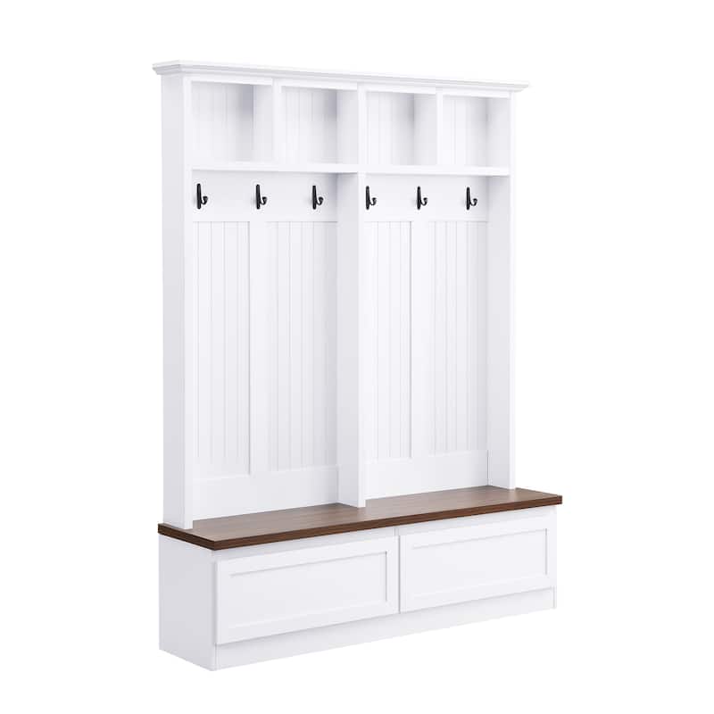 4-in-1 Wood Grain Entryway Hall Tree Storage Cabinet, Curved Top Shoe Cabinet Coat Rack with Drawers