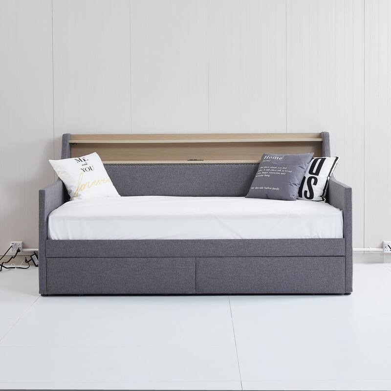 Twin Size Daybed with Storage Drawers, Upholstered Daybed with Charging Station and LED Lights