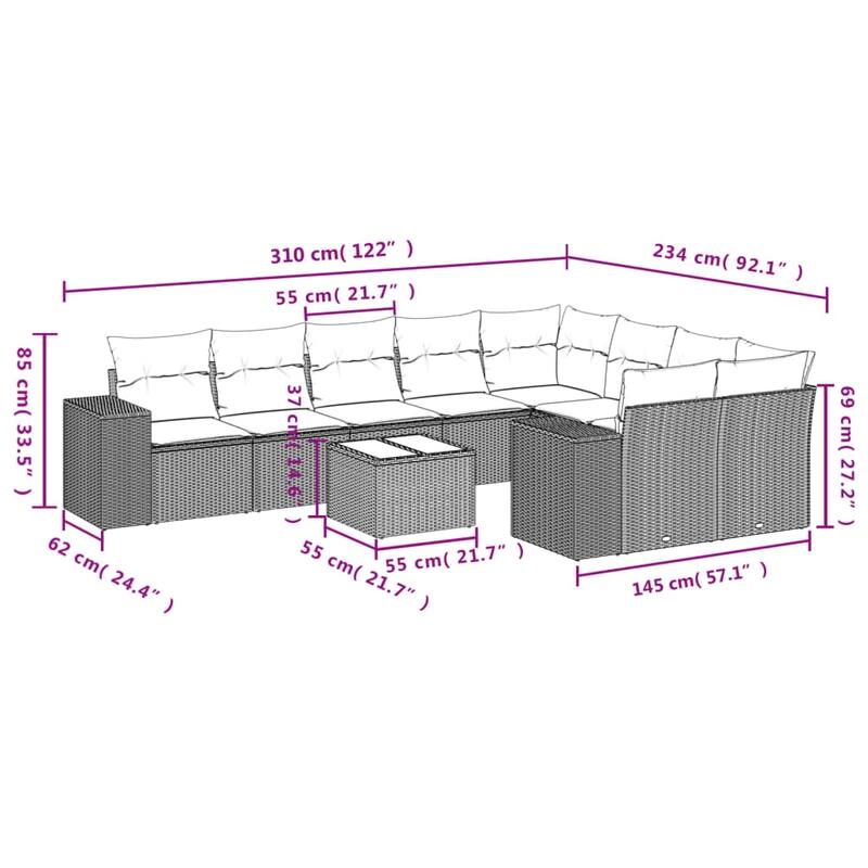 vidaXL 9/10 Piece Patio Sofa Set with Cushions Black/Brown/Gray Poly Rattan - 24.4 x 24.4 x 27.2