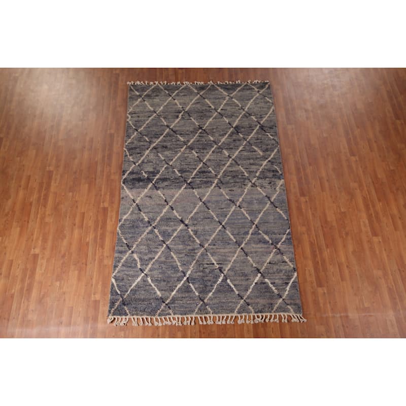 Grays & Blues Trellis Moroccan Area Rug Hand-Knotted Wool Carpet - 6'0" x 9'7"