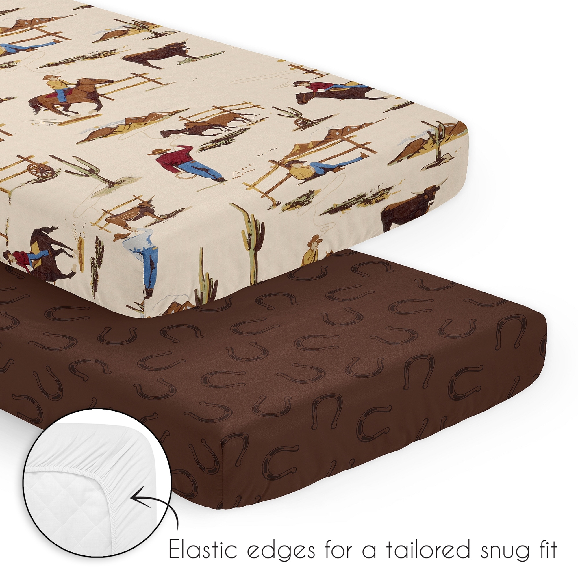 Sweet Jojo Designs Brown Western Cowboy Boy 3p Mini Crib Bedding Set Wild West Horseshoe Southern Charm Country Horse Cow Animal