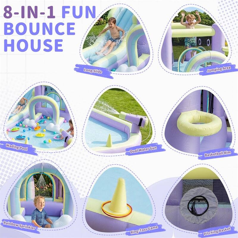 Oxford Cloth Rainbow Inflatable Water Bounce Castle In Pink And Purple With Slide And Climbing Wall - N/A