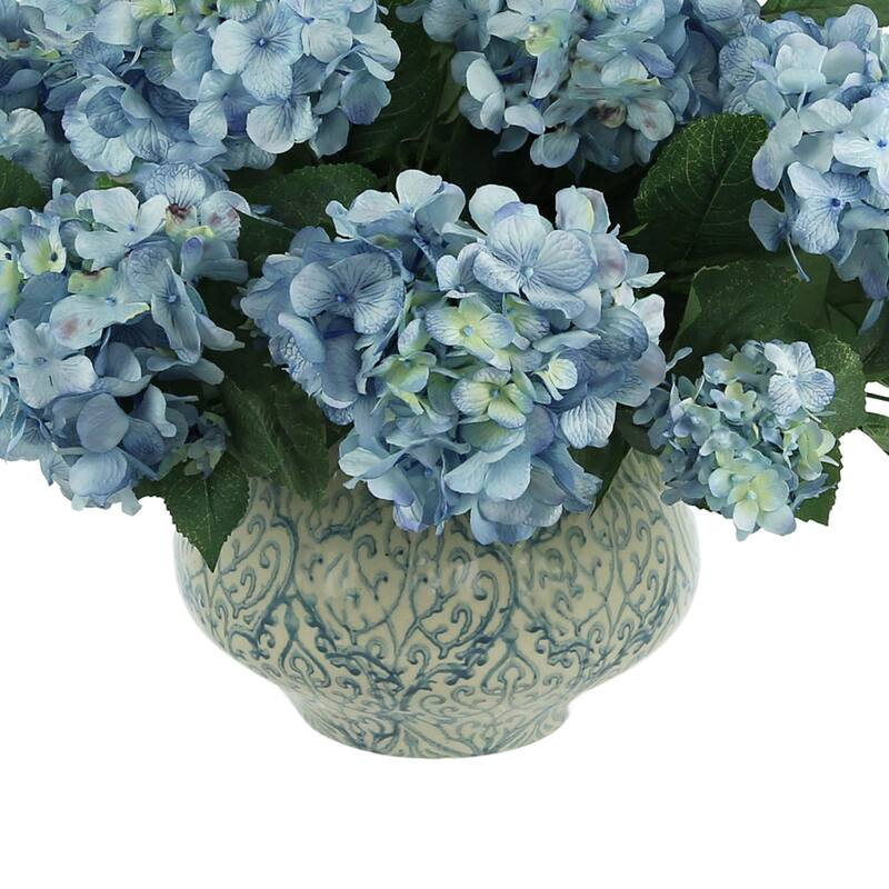 Hydrangea Floral Arrangement in a Decorative Ceramic Vase - Blue, White