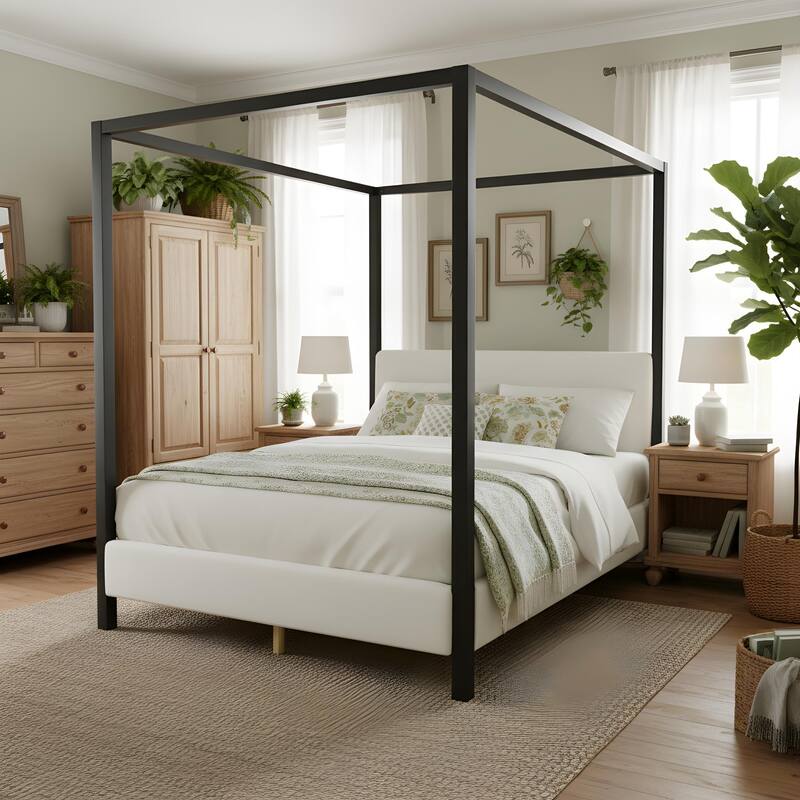 Christopher Knight Home - Mid-Century Modern Bouclé Upholstered Metal Canopy Bed Frame with Padded Headboard