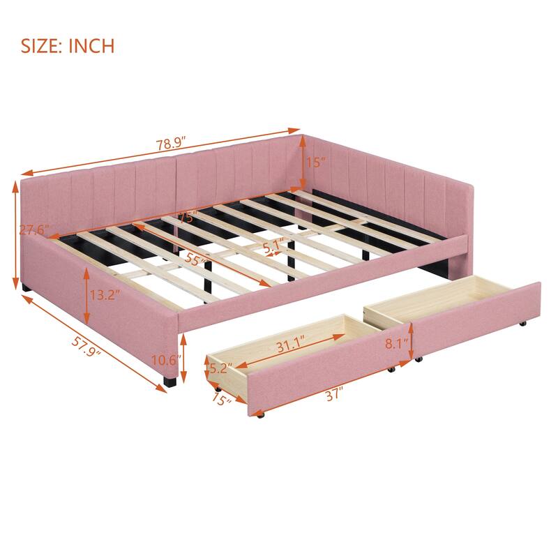 Full Size Upholstered Daybed with 2 Storage Drawers Sofa Bed Frame No Box Spring Needed, Linen Fabric (Beige)