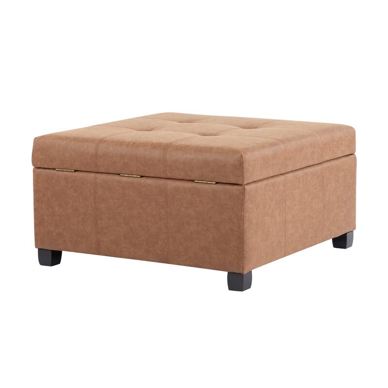 Brown Faux Leather 35" Square Storage Ottoman - Lift-Top Footrest with Hidden Compartment