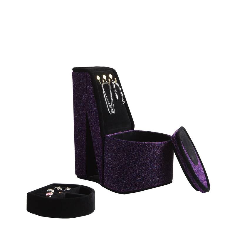 9" Tall Display Jewelry Box with Hooks, High Heel Shoe Design, Purple Velvet - Purple