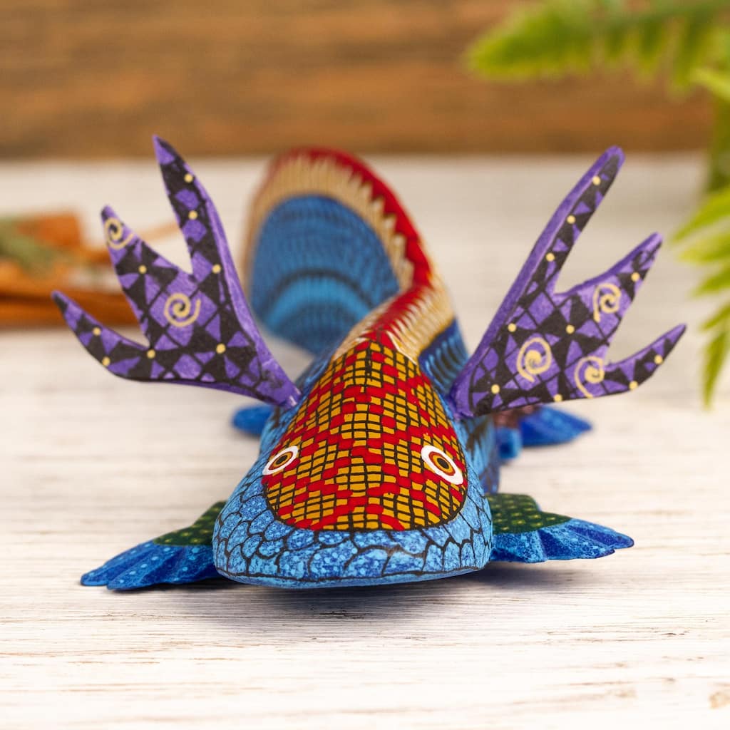 Novica Handmade Blue Axolotl Wood Alebrije Sculpture