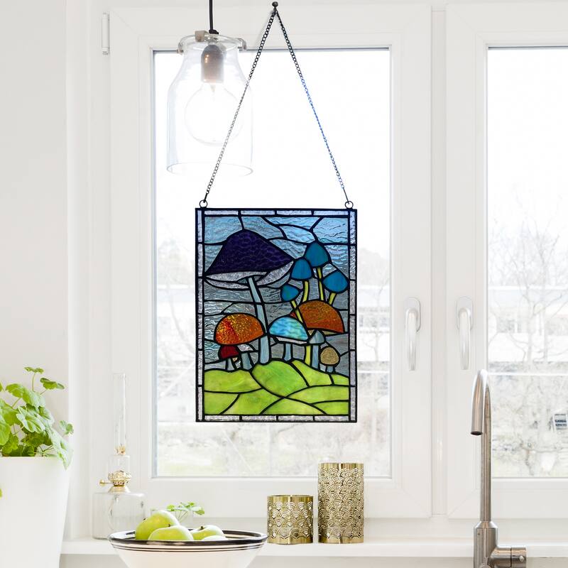 Mushrooms River of Goods Colored Stained Glass Vertical Window Panel