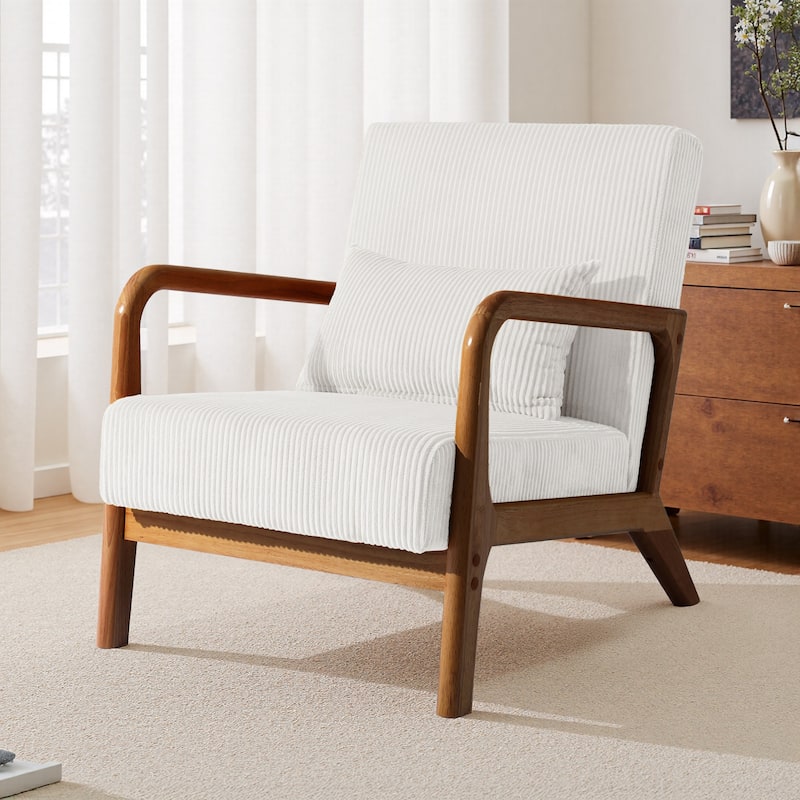 25" W Mid Century Upholstered Wood Accent Chair with Pillow - Dark Wood - Beige