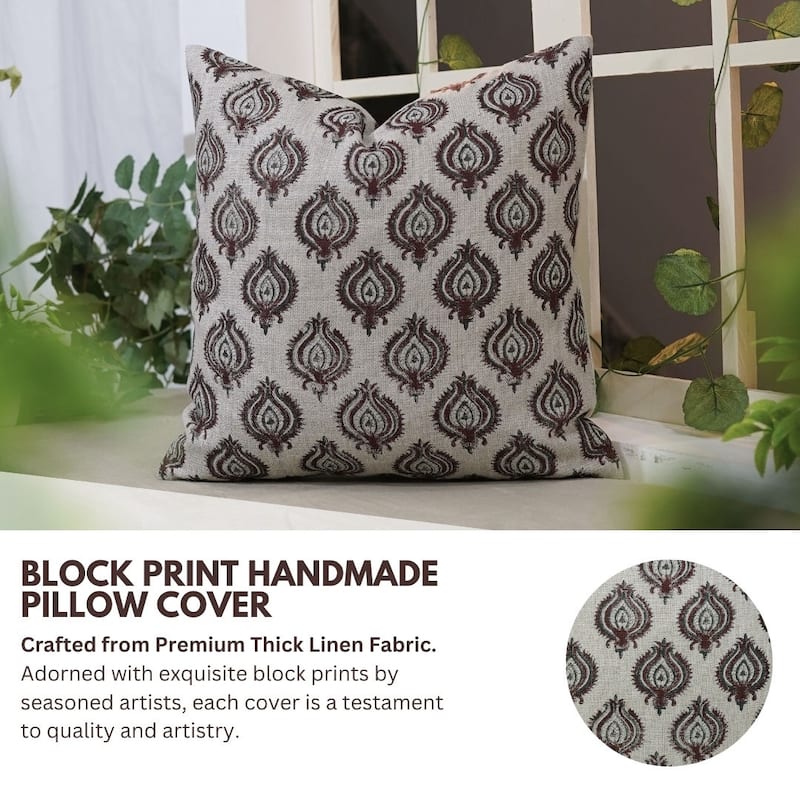 Linen Farmhouse Block print pillow Cover-Uday