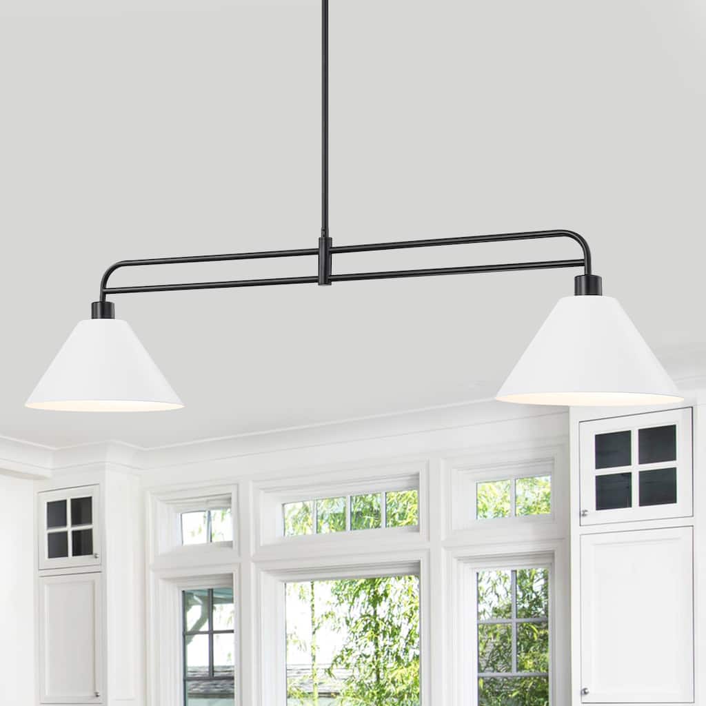 2-Light Matte Black Linear Chandelier with White Conical Iron Shades - W 47.24-in