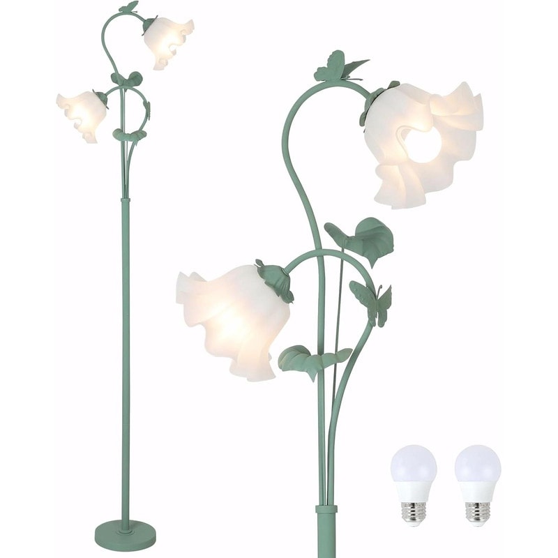 Vintage Green Standing Lamp with 2 LED 5W Bulbs, Foot Switch and Acrylic Floral Shade