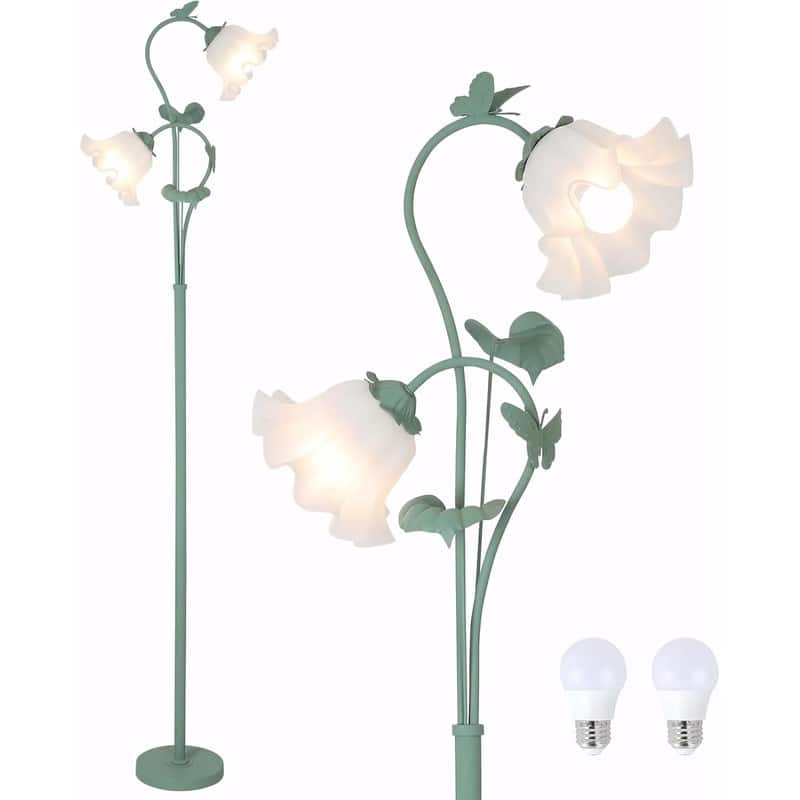 Vintage Green Standing Lamp with 2 LED 5W Bulbs, Foot Switch and Acrylic Floral Shade