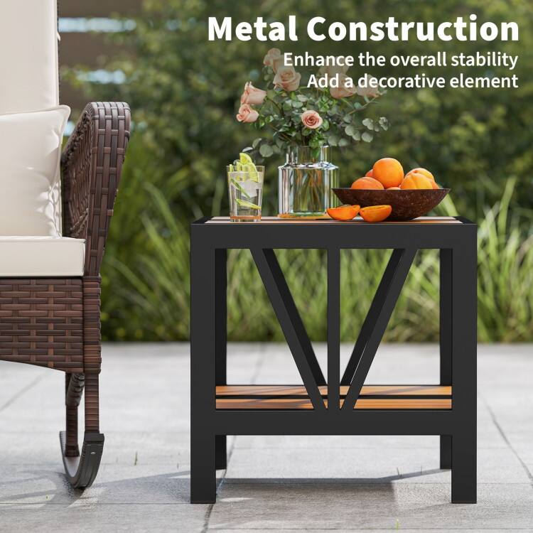 Black-Natural Metal 2-Tier Outdoor Side Table with Wood-Like Top and Umbrella Hole - 20.5" x 18" x 18"