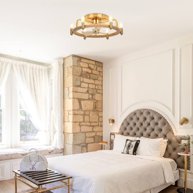 20" Gold Farmhouse Hemp Rope Low Profile Ceiling Fan with Light and Remote - 20.3 in. W × 6.5 in. H