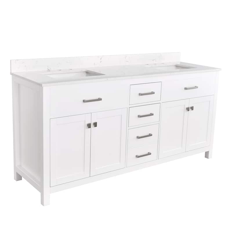 Prismatica Double Sinks Bathroom Vanity 72 in White, Marble Top & Splash