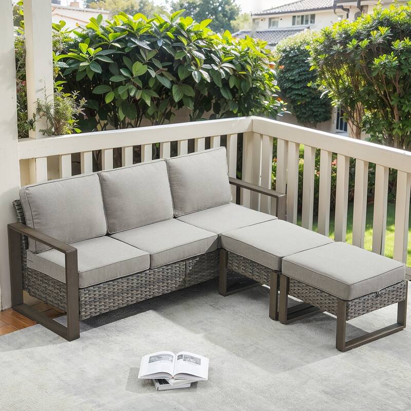 Gymojoy Outdoor Rattan Sofa with Ottoman - Grey - Grey