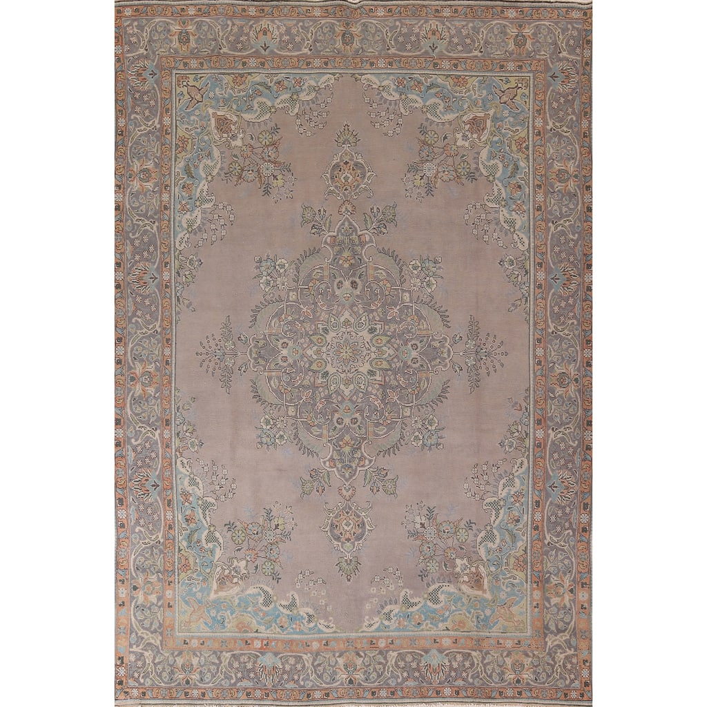 Beige & Gray Tabriz Persian Vintage Area Rug Handmade Wool Carpet - 9'4"x 12'5"