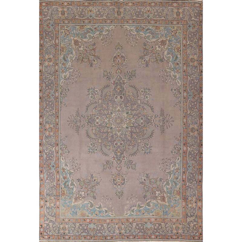 Beige & Gray Tabriz Persian Vintage Area Rug Handmade Wool Carpet - 9'4"x 12'5"