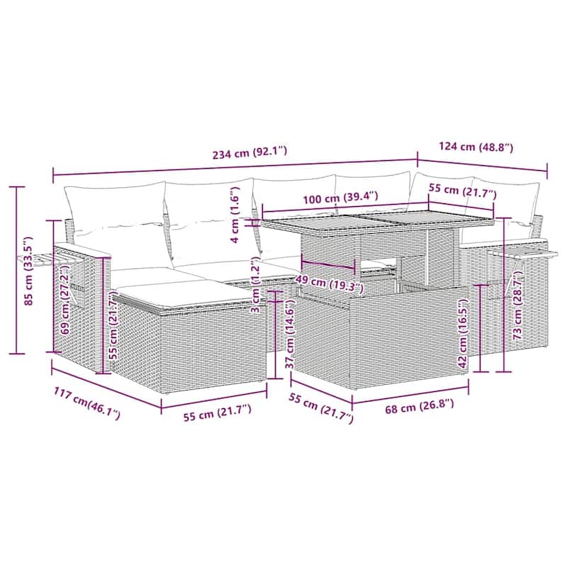 vidaXL Patio Sofa Set with Cushions Footstool and Table 7 Piece Poly Rattan