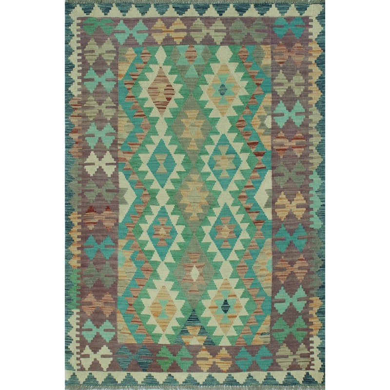 Hand-Woven Sun Faded Kilim Aidana Blue/Green Rug - 3'11" x 5'8"