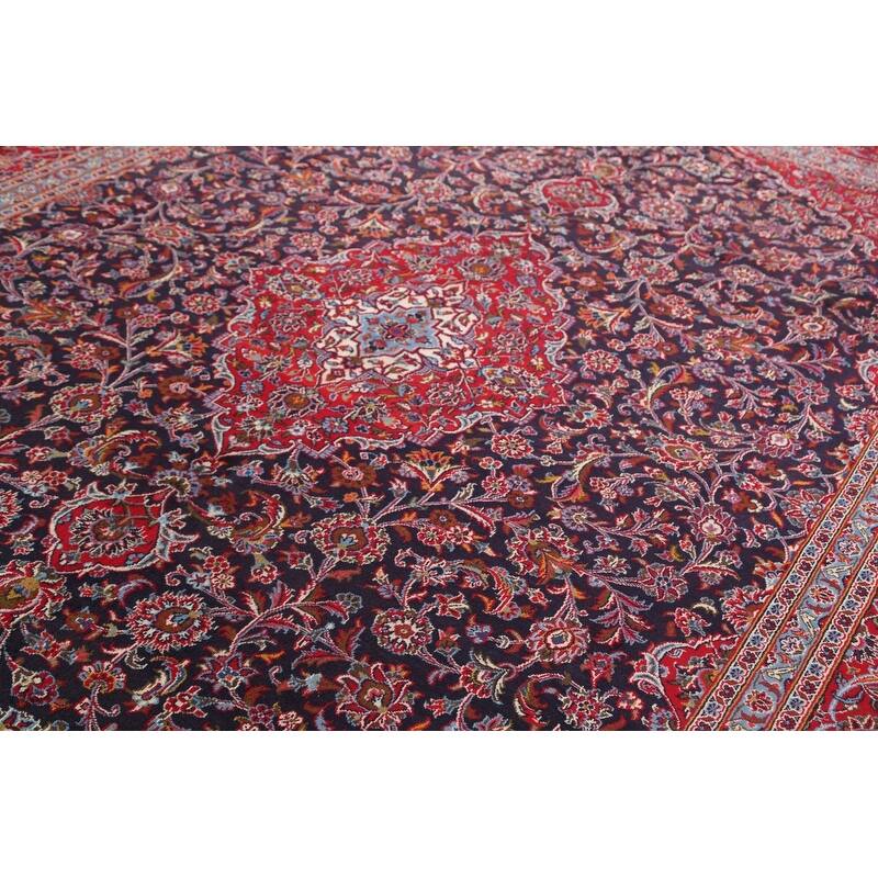 Hand Knotted Oriental 100% Wool Carpet Traditional Floral Navy Blue & Blues Mashad Area Rug - 12' 7'' X 9' 7''