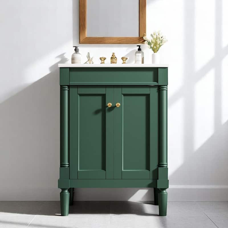 24 Inch Freestanding Bathroom Vanity with Sink, 2-Tier Enclosed Storage Shelves, Drop-in Ceramic Top - Green