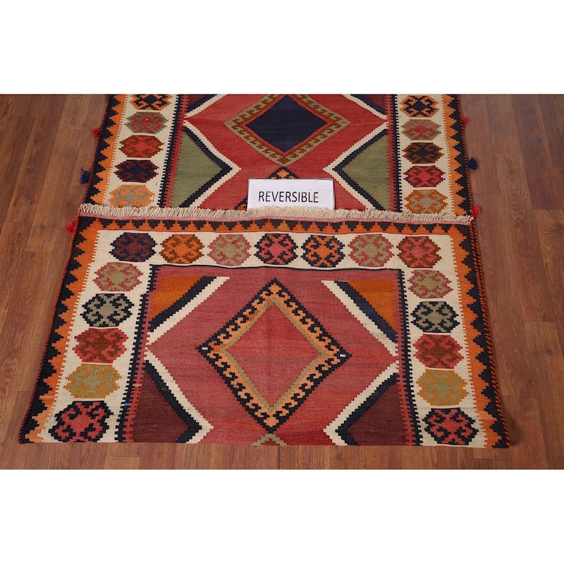 Vegetable Dye Red Kilim Qashqai Persian Antique Runner Wool Carpet - 3'9"x 8'6"