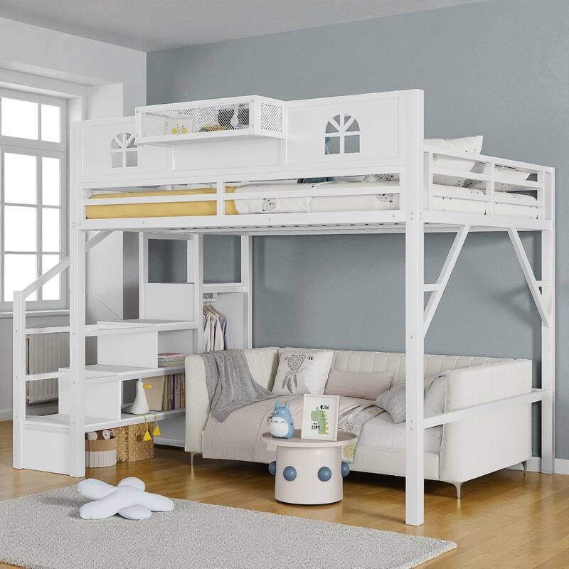 Full/Queen Size Metal Loft Bed with Stairs and Wardrobe, High Loft Bed with House-Shaped Guardrails for Kids and Teens