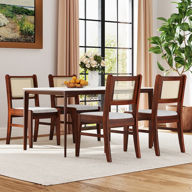 Gymax 4PCS Rattan Dining Chairs Upholstered Kitchen Chairs w/ Rubber