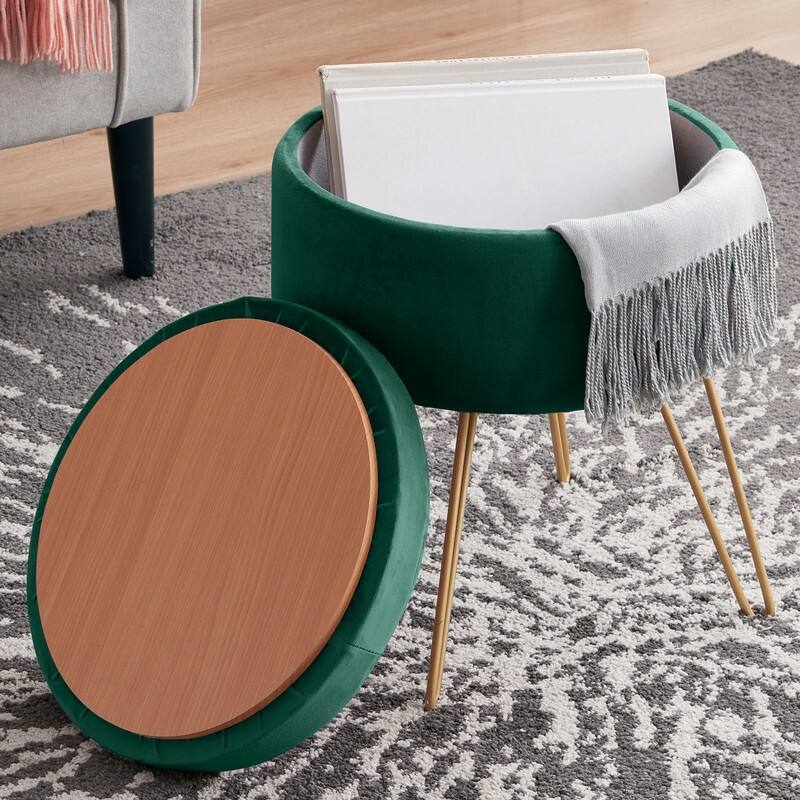 Round Velvet Storage Ottoman with Tray Top Table