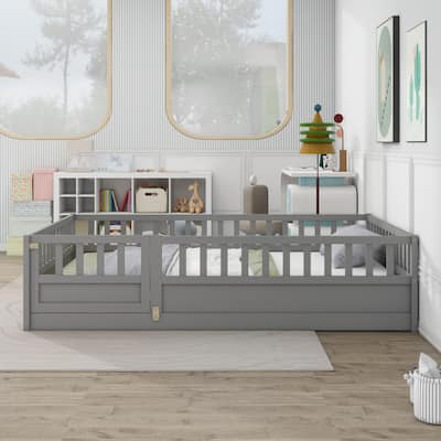 Full size Floor bed, integral construction with super high security barrier, door, children's floor bed frame, wooden floor bed