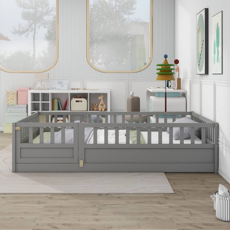 Twin/Full Size Montessori Floor Bed with High Guardrails and Door, Solid Wood Frame - Grey - Full
