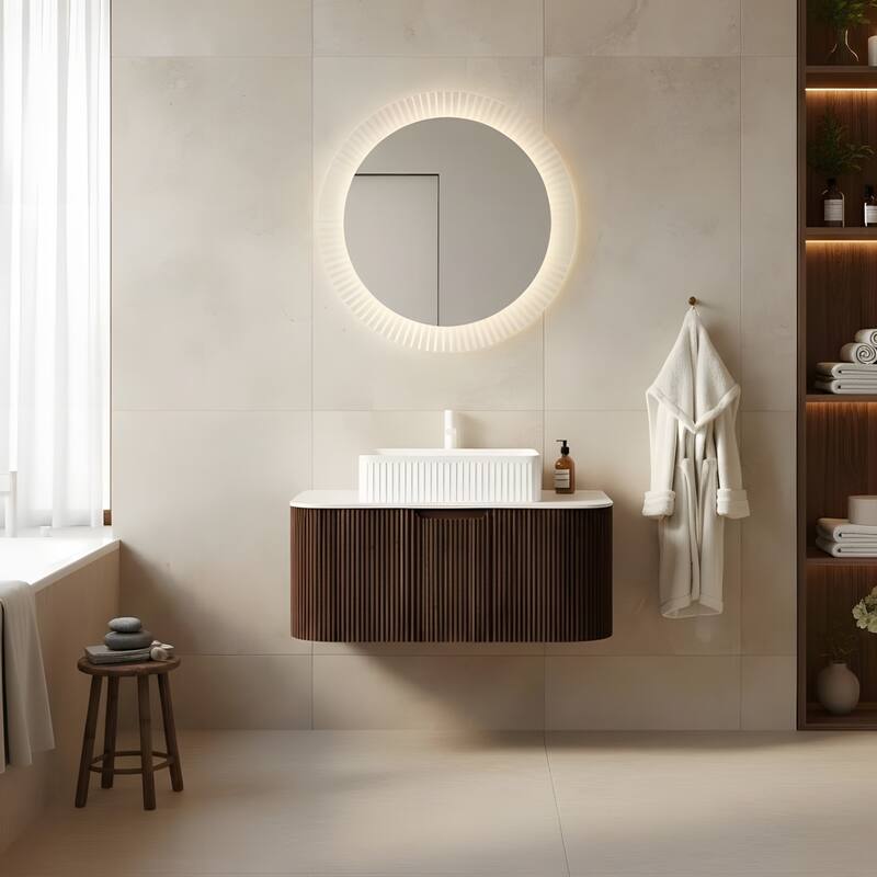 Wall Mounted Bathroom Vanity with White Rectangular Ceramic Basin - 36 - Dark Walnut