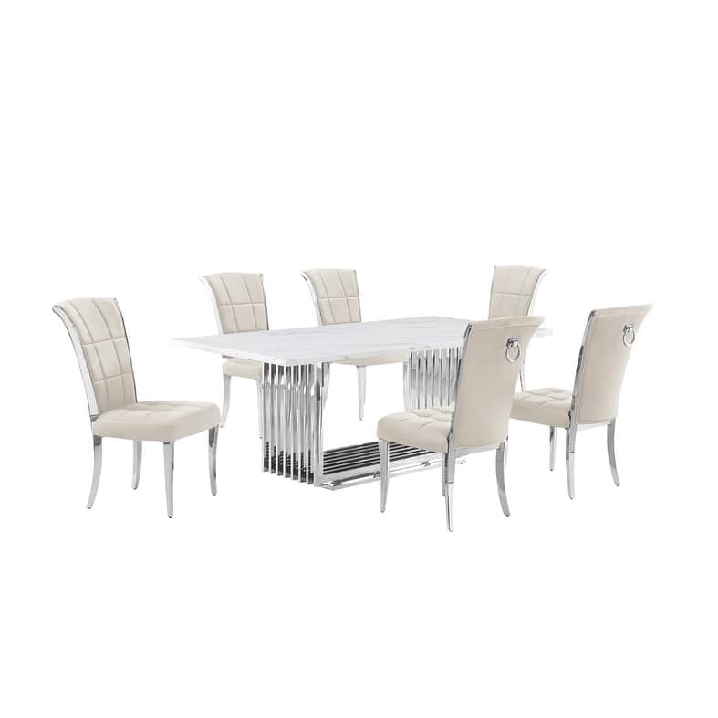 Best Quality Furniture D312/3-SC320-7 Dining Set with 79" White Marble Top
