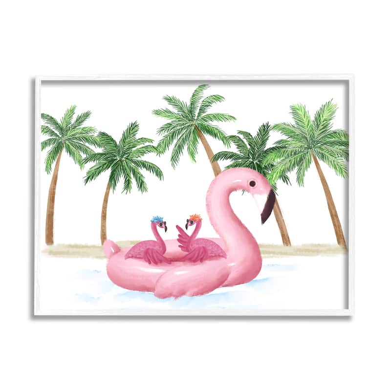 Stupell Pink Flamingo Tropical Beach Float Party Palm Trees Framed Wall Art