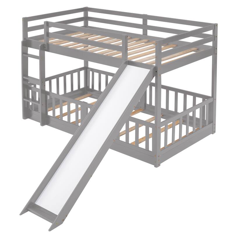Twin Over Twin Bunk Bed with Slide and Convertible Ladder, Space-Saving Design