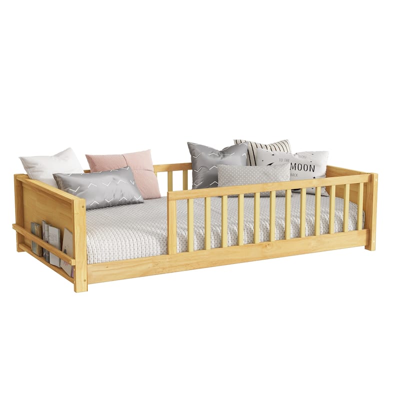 Twin Floor Bed with Built-in Bookcase Rubber Wood Low Profile Platform Bed
