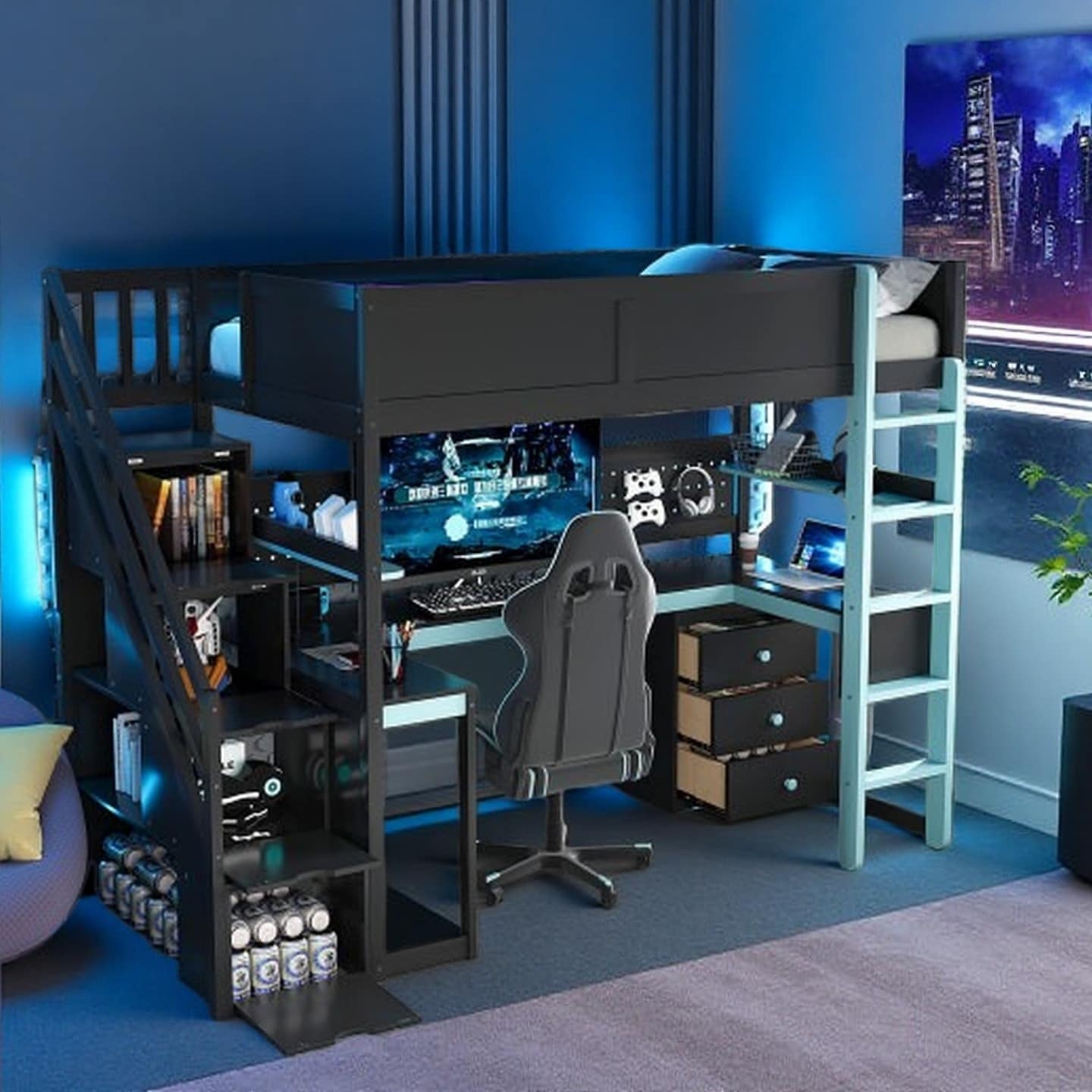 Twin Size Gaming Loft Bed with Storage Stairs, Desk, Shelves & Pegboard, Wooden Twin Loft Bed with Esports Design