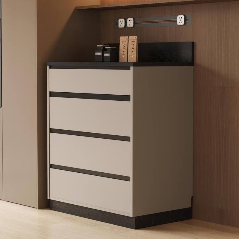 Modern 6-Drawer Storage Cabinet with Wavy Design and Black Wood-Grain Desktop - 4-drawer