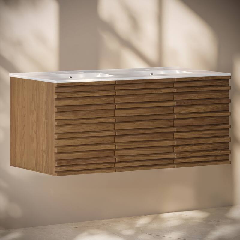 Cascade 48" Wall-Mounted Bathroom Vanity In Brown Oak With 3-Hole Widespread Double Basin Sink Top - 48