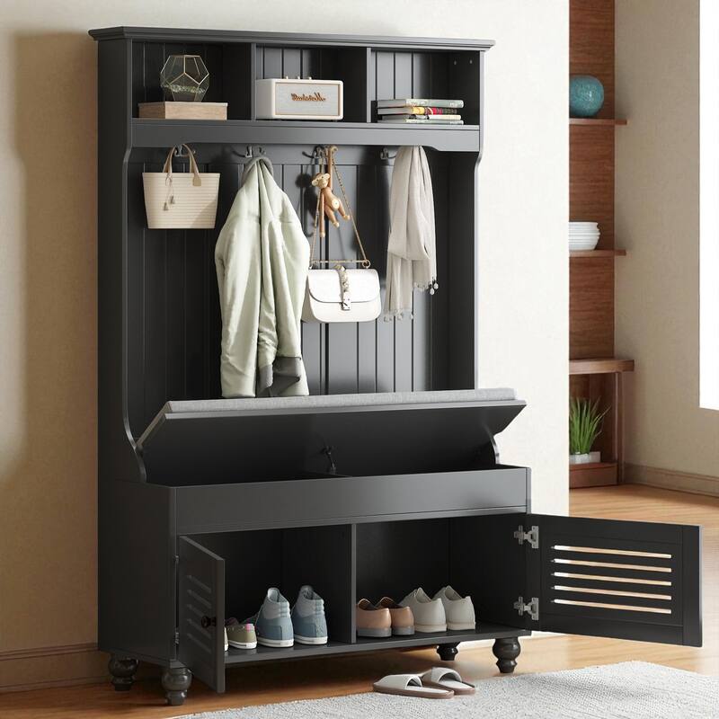 47.2" Hall Tree with Cushion Bench, 4 Hooks & Shutter-Style Doors, Entryway Coat Rack and Shoe Storage