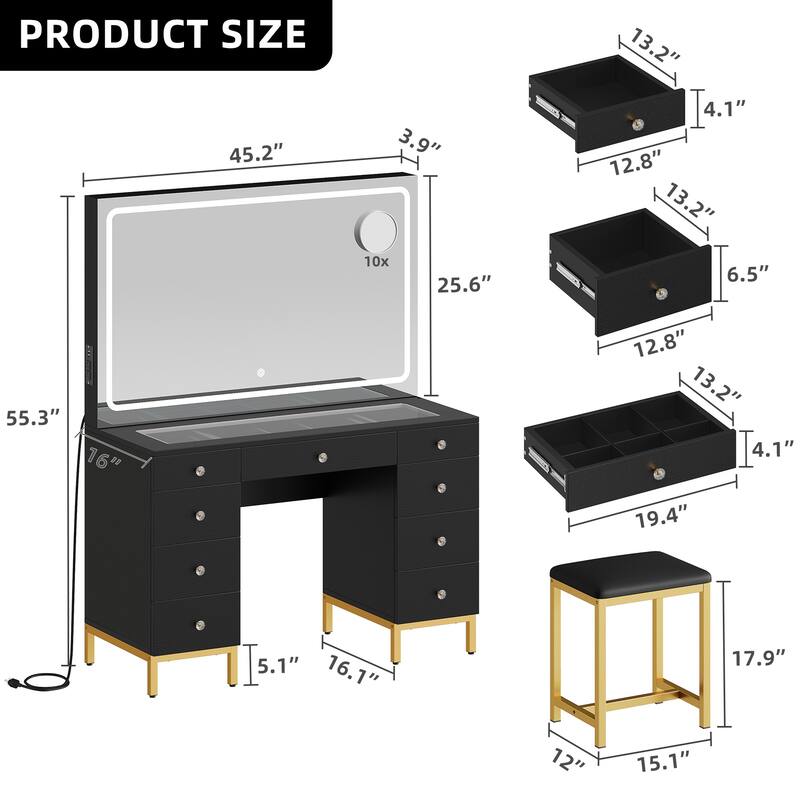 Moasis 45.2'' Vanity Desk Set with LED Lights Mirror & Charging Station