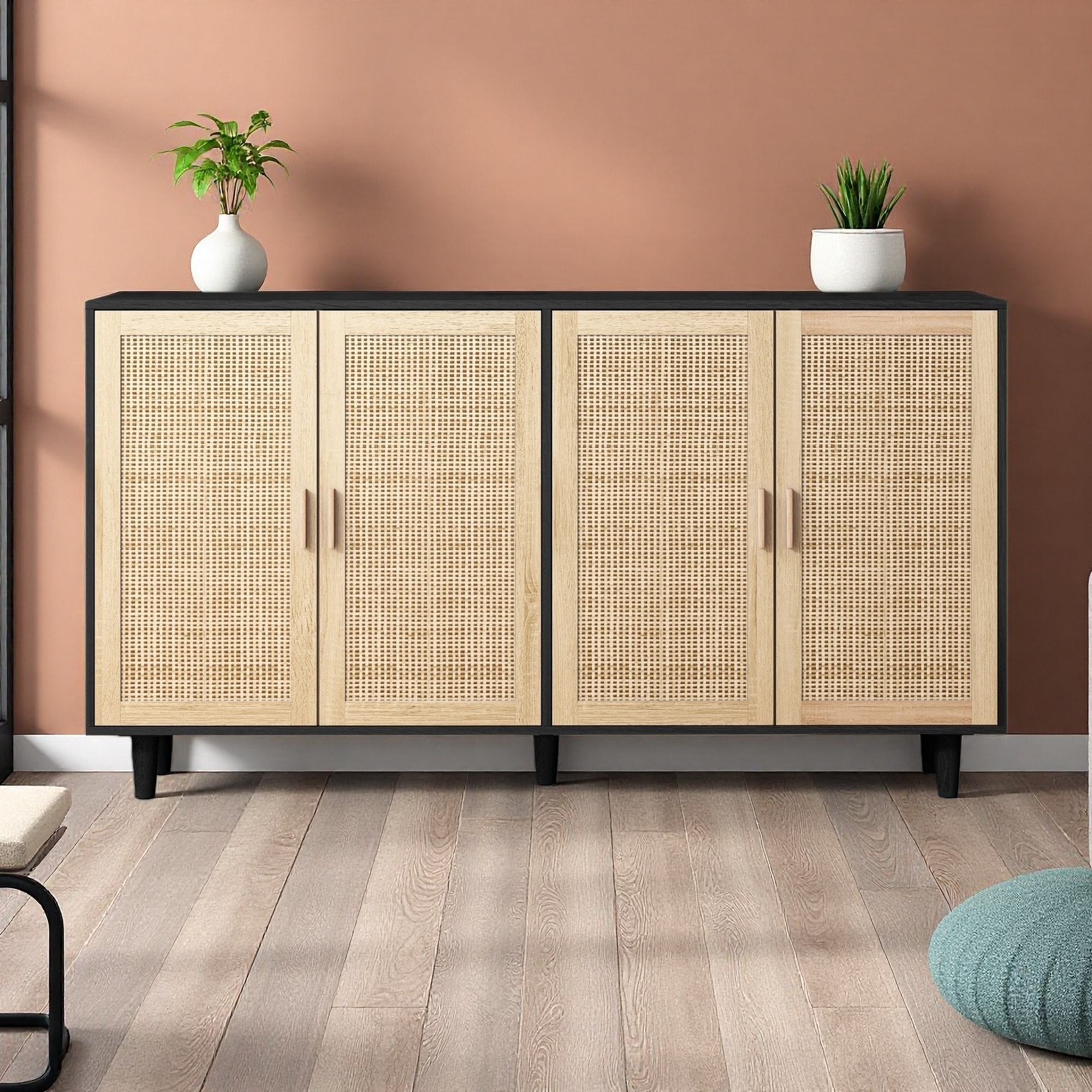 62.20" Particle Board and Rattan 4-Door Storage Cabinet with Solid Wood Legs, Adjustable Shelf, Elegant Design for Bedroom