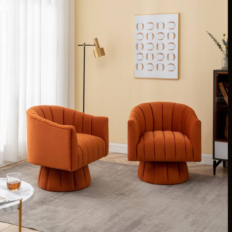 SEYNAR Modern Glam Velvet Upholstered Round 360 Degree Swivel Accent Barrel Chair Set of 2 - Orange