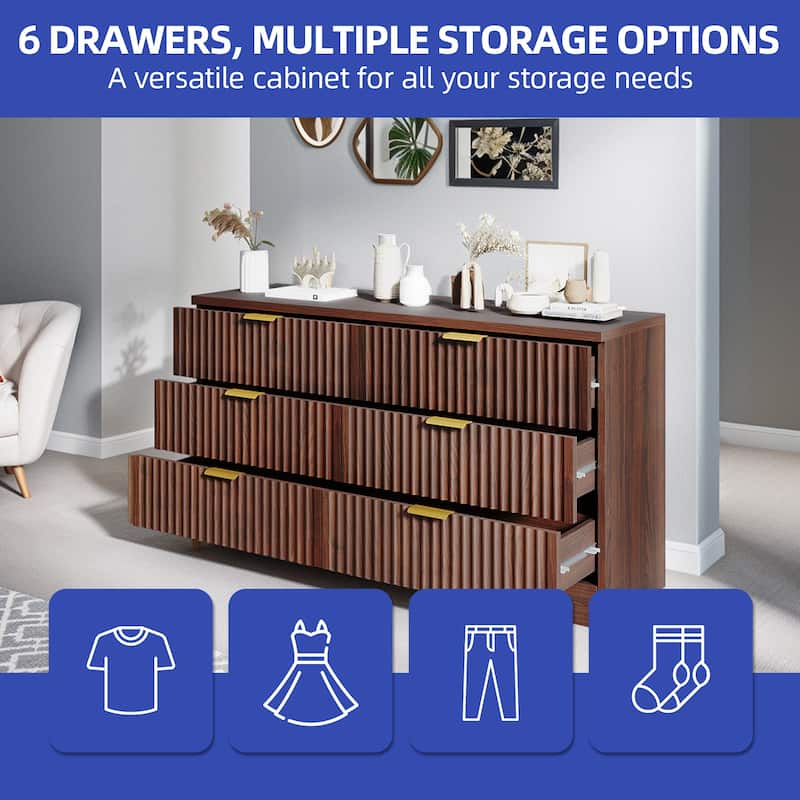 Moasis 6-drawer Dresser Double Chest of Drawer Dresser with Fluted Panel